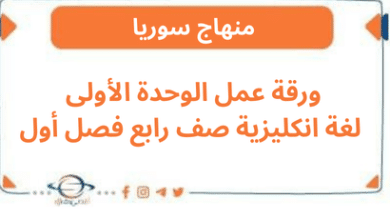 ورقة عمل الوحدة الأولى لغة انكليزية صف رابع فصل أول